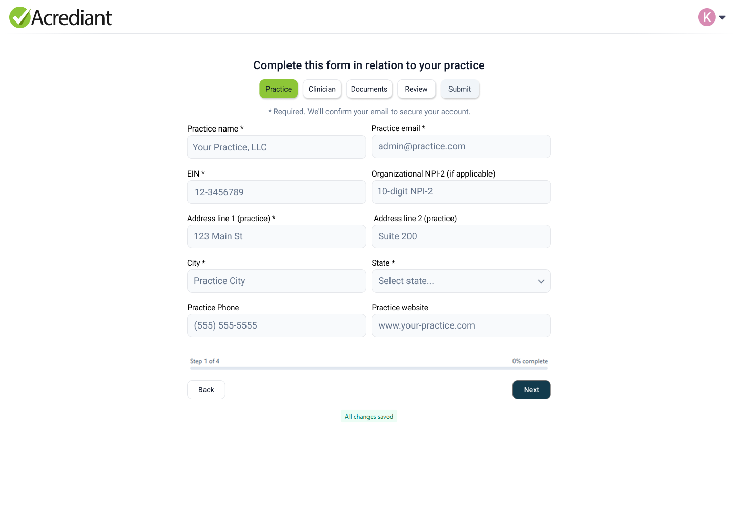Practice intake screen designed in Figma.