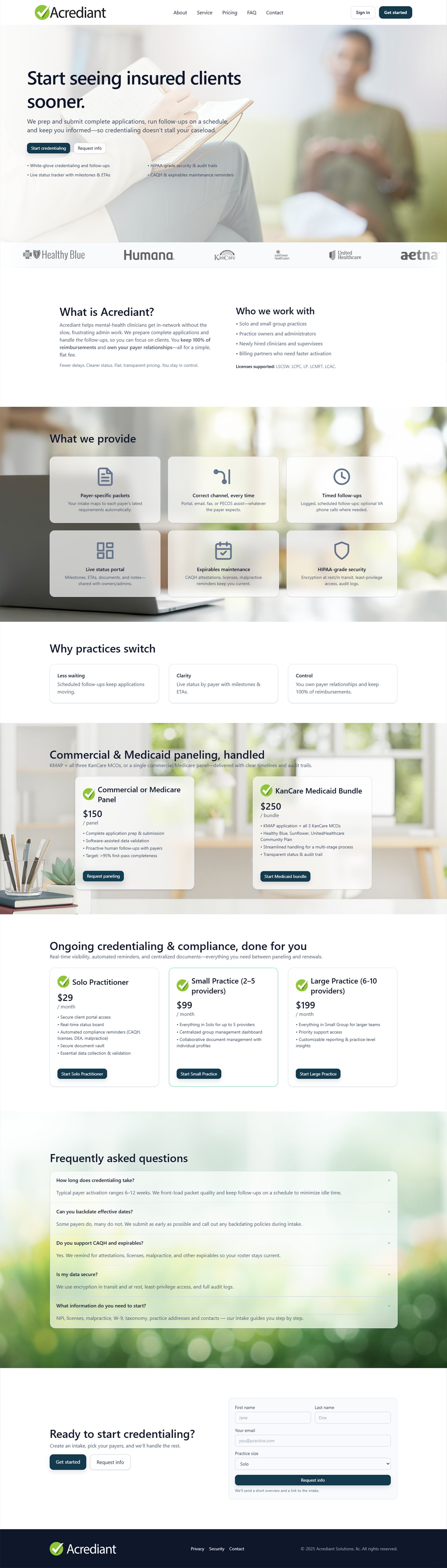 The Acrediant landing page as a wireframe beside the polished design.
