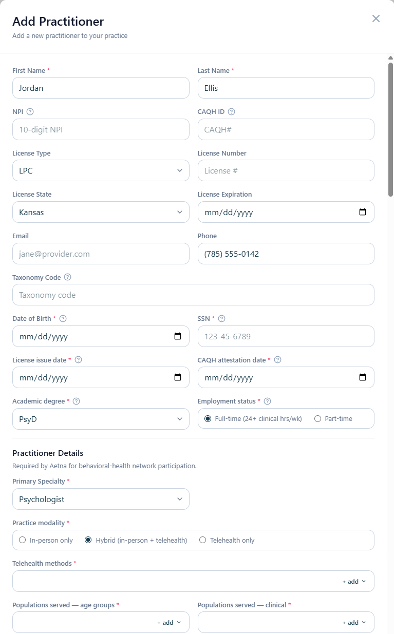 The Add Practitioner form, first third: name, license and practitioner details.