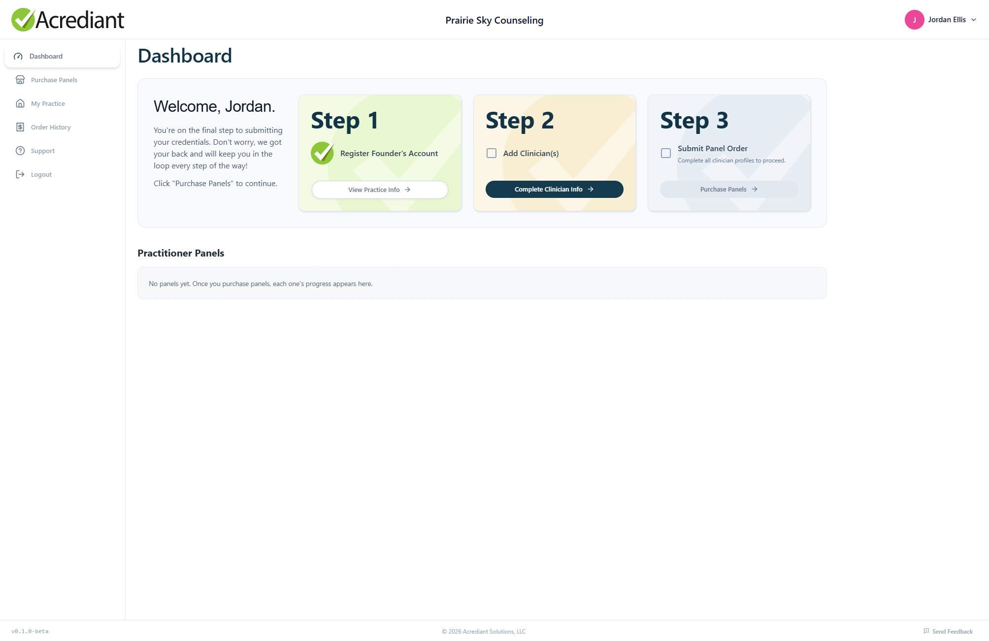 The shipped Acrediant dashboard for a new practice, with step 1 complete and step 2 next.