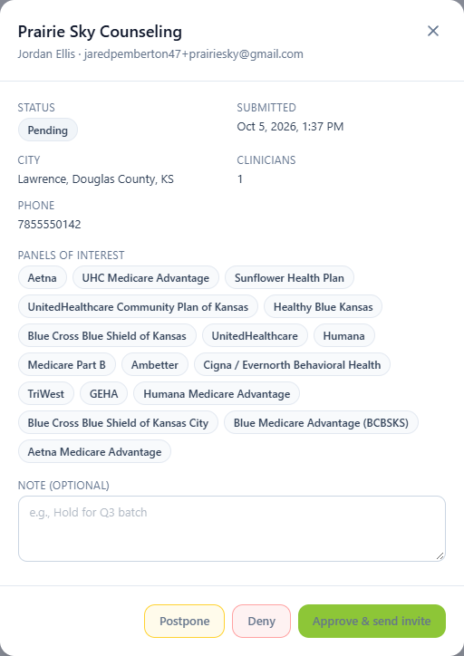 The admin review window for a founder application, with Postpone, Deny and Approve buttons.