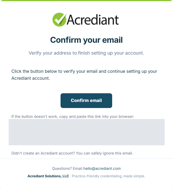 The Acrediant confirm-your-email message.