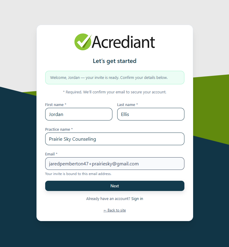 The registration screen opened from an invite, with name, practice and email filled in.