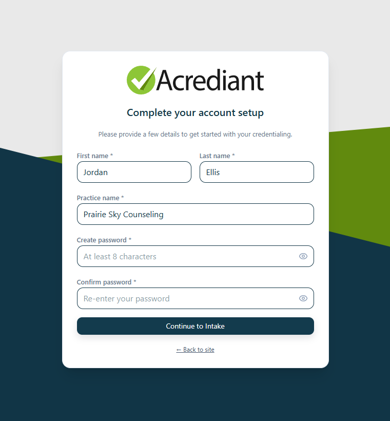 The account setup screen, asking for a password before continuing to the intake.