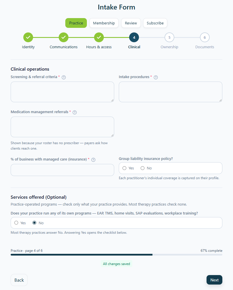 The Clinical page of the practice intake.