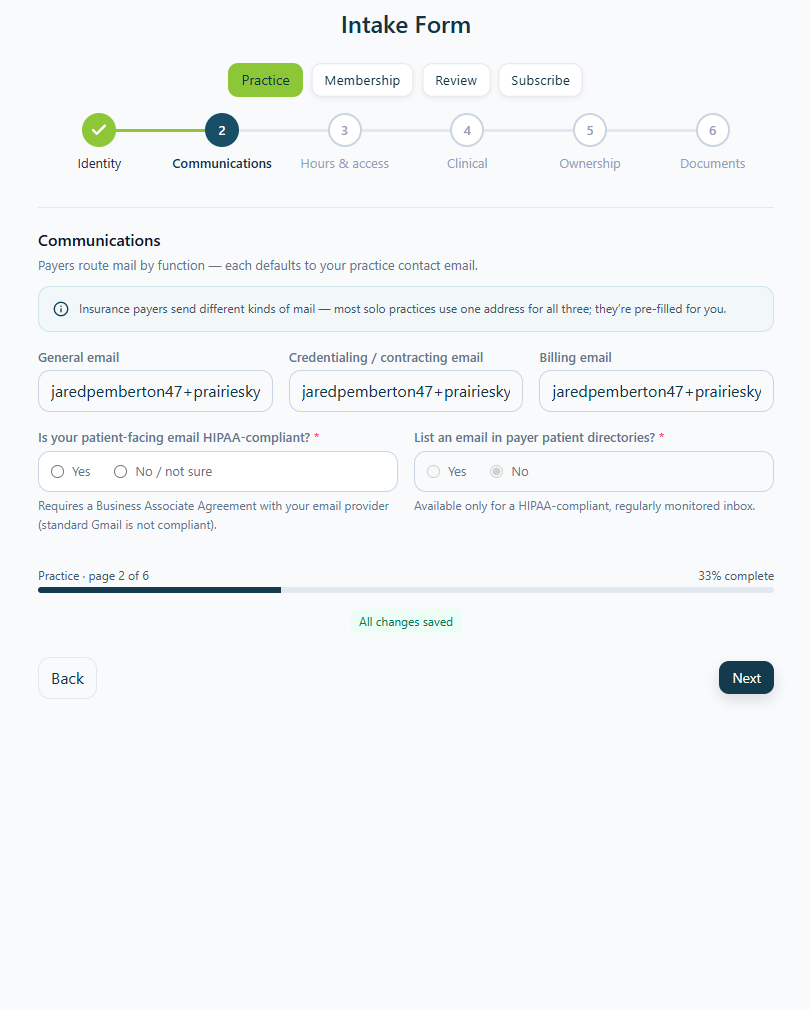 The Communications page of the practice intake, with three email fields already filled in.