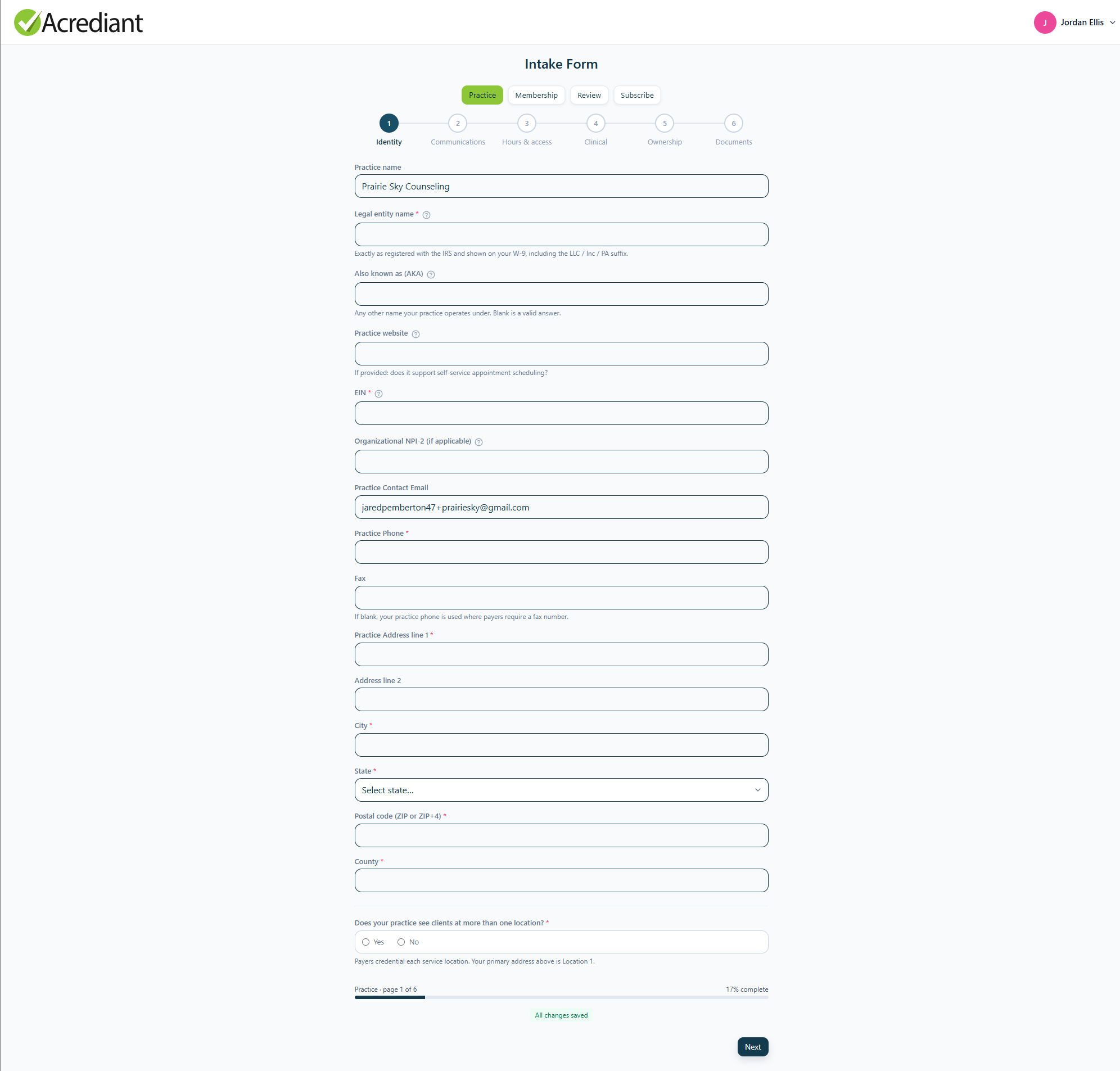 The shipped practice intake, Identity page.