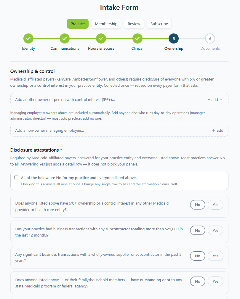 The Ownership page of the practice intake, with a single checkbox above a list of yes or no questions.