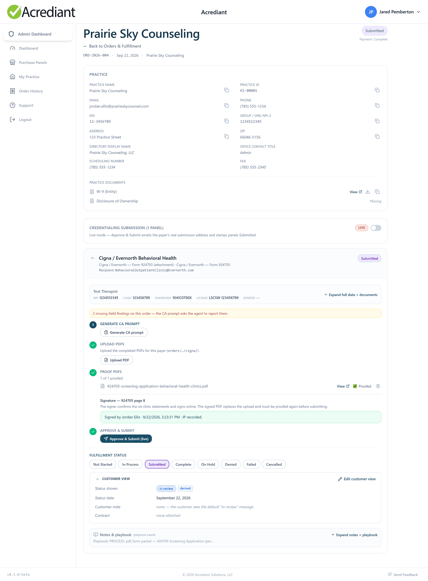 Acrediant admin order page for a sample practice, showing one panel application with its document, signature and submission status.