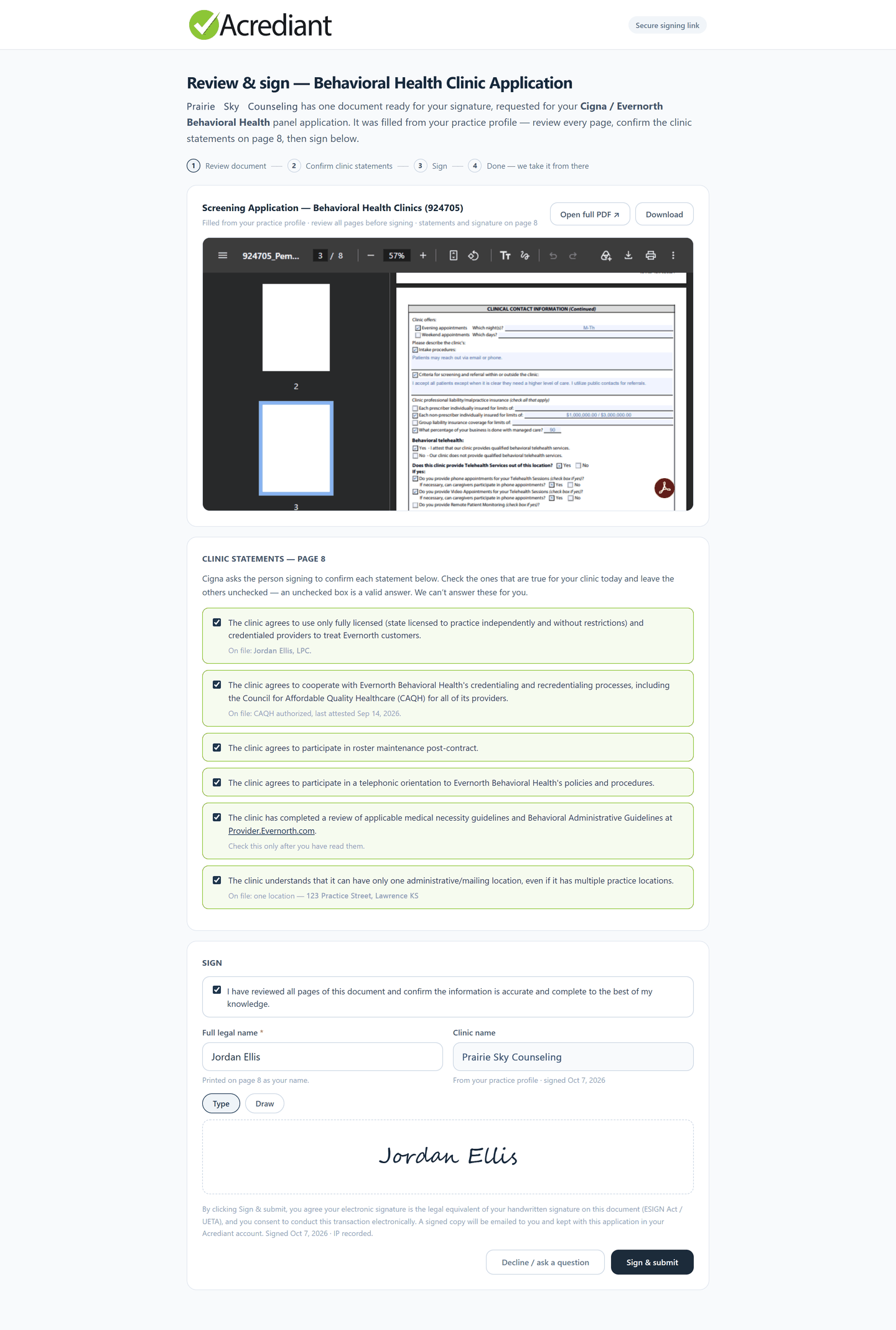 The Acrediant signing page: a filled application, six clinic statements to confirm, and a typed signature.