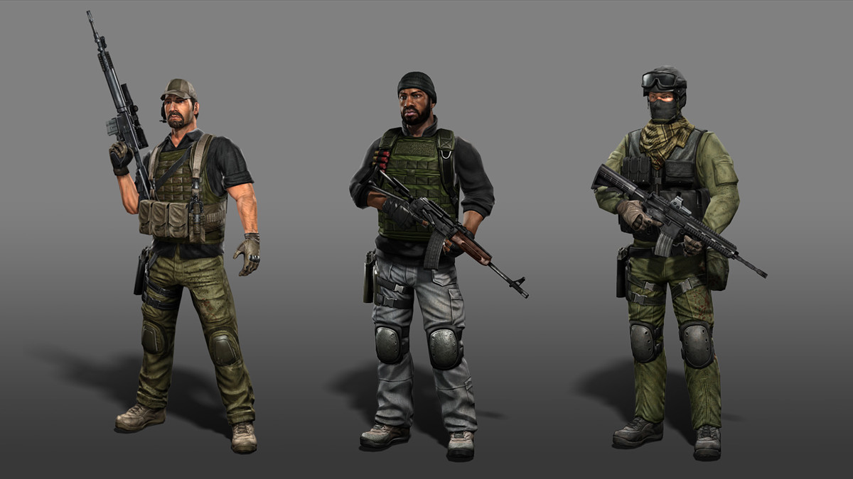 Three Breach soldiers standing side by side, each holding a rifle.