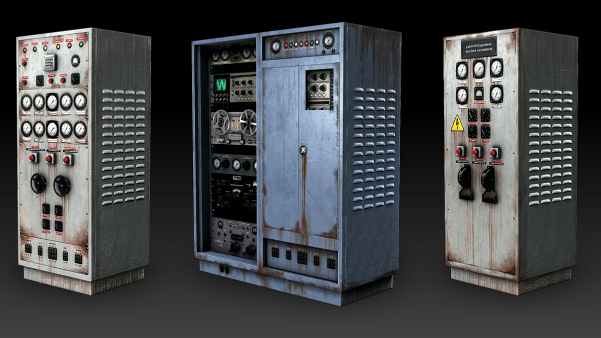 Three weathered electrical cabinets covered in dials, switches and vents.