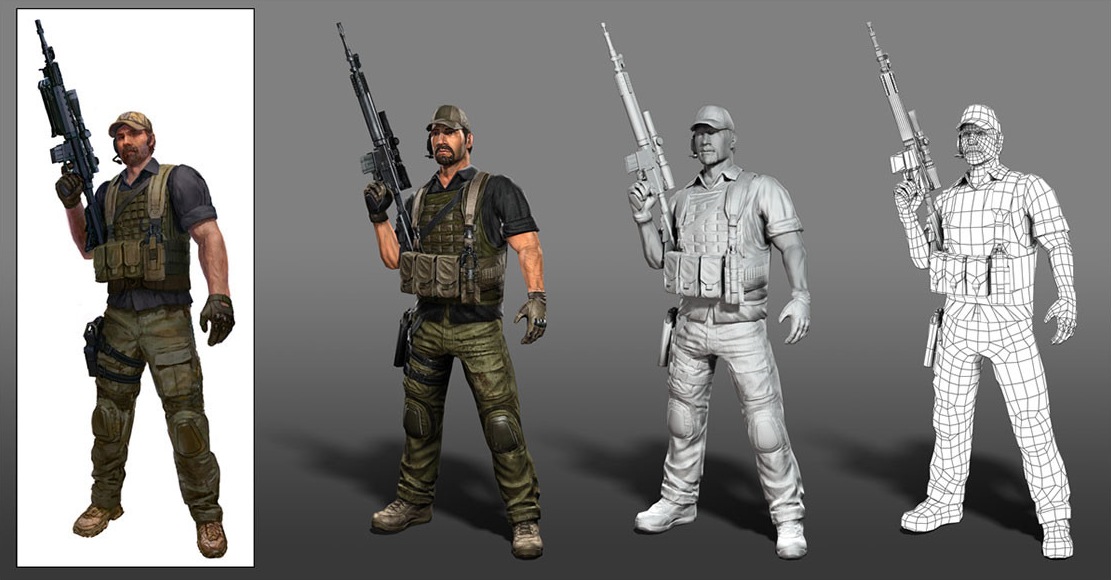 Recon character sheet: concept, textured model, untextured model and wireframe.