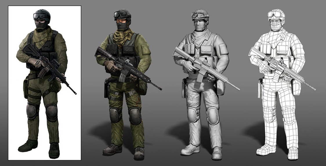 Rifleman character sheet: concept, textured model, untextured model and wireframe.