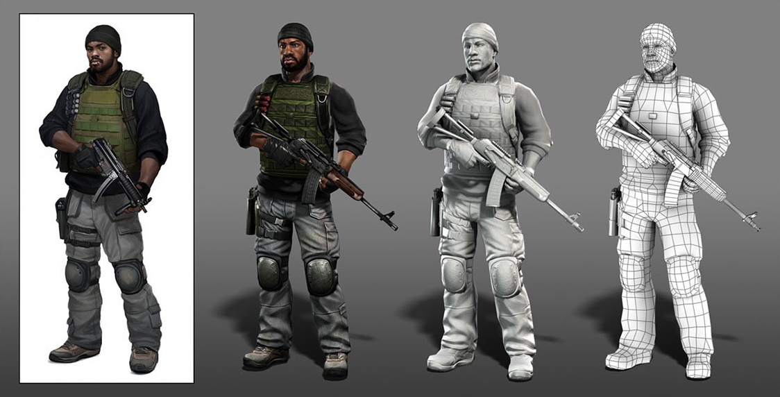 Support character sheet: concept, textured model, untextured model and wireframe.
