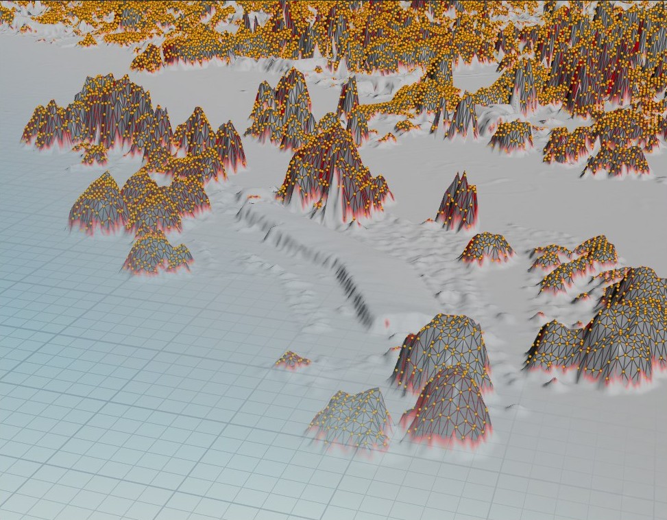 Terrain with vegetation raised as colored height spikes.