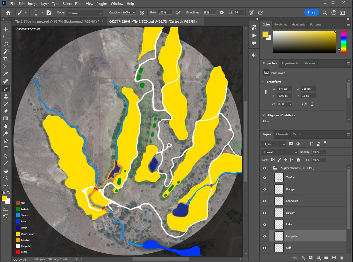 A hole’s template in Photoshop with features painted in flat colors over an aerial image.