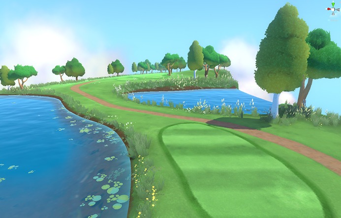 A stylized fairway beside a pond with trees.