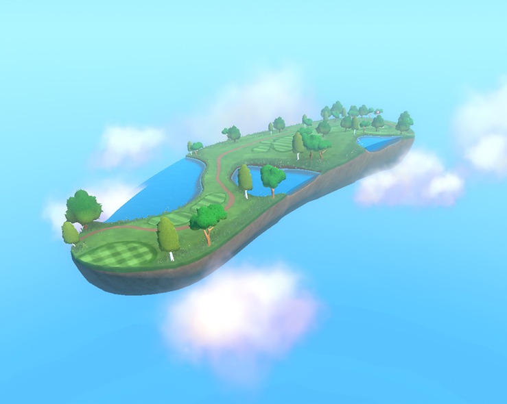 A stylized grassland island hole floating in a blue sky.