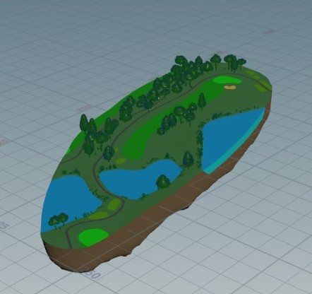 A single golf hole generated as an island, seen from above.