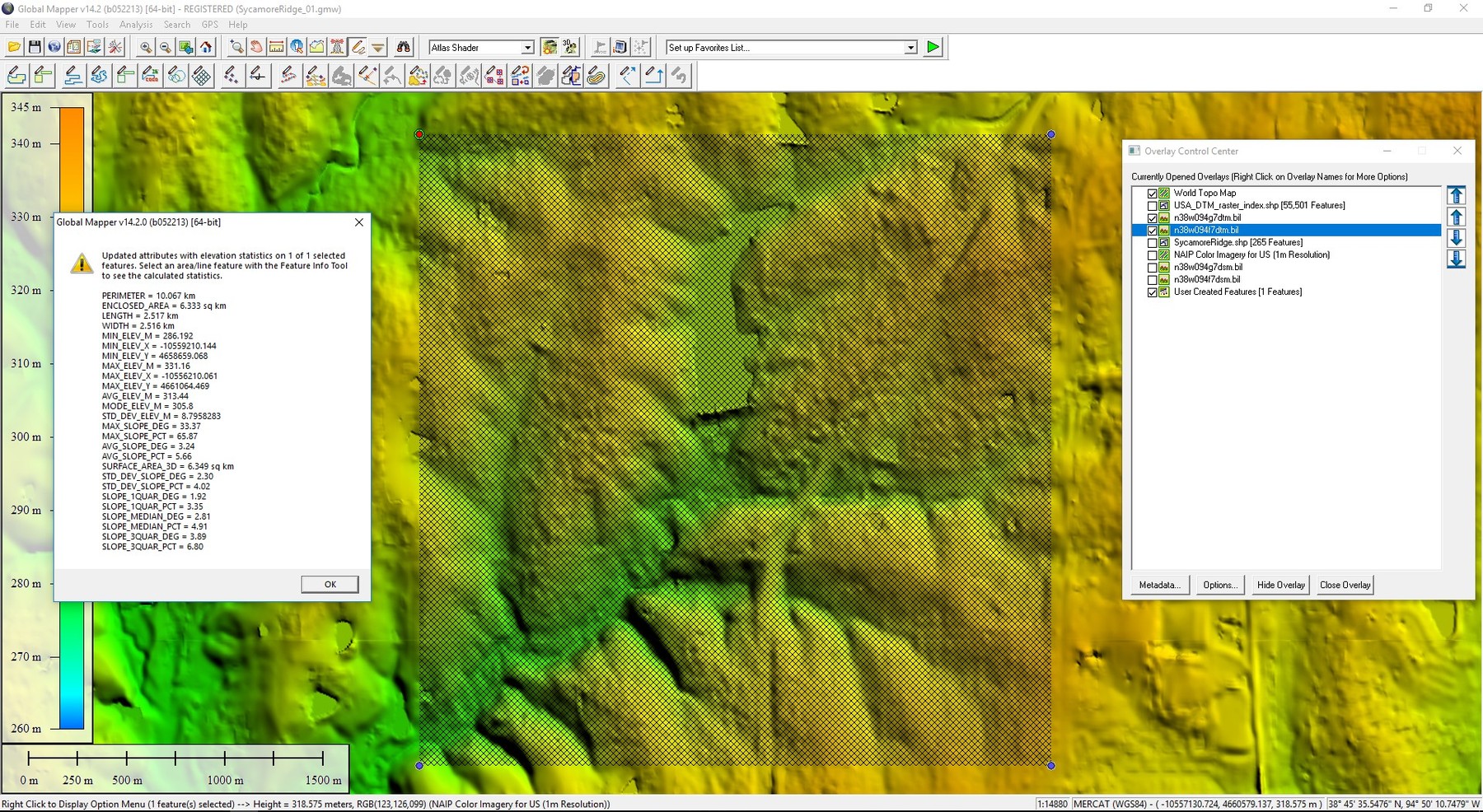 Global Mapper showing color-shaded elevation for the area around a golf course.