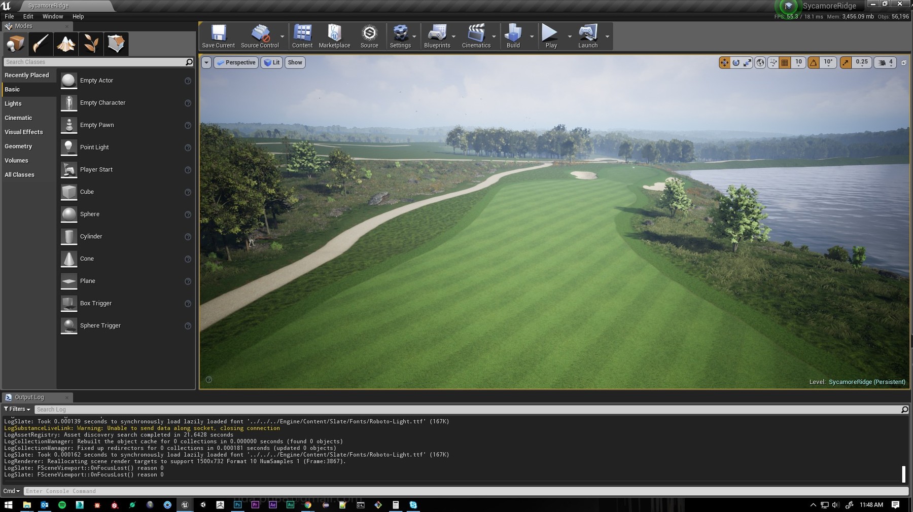 A fairway beside a lake in Unreal Engine.