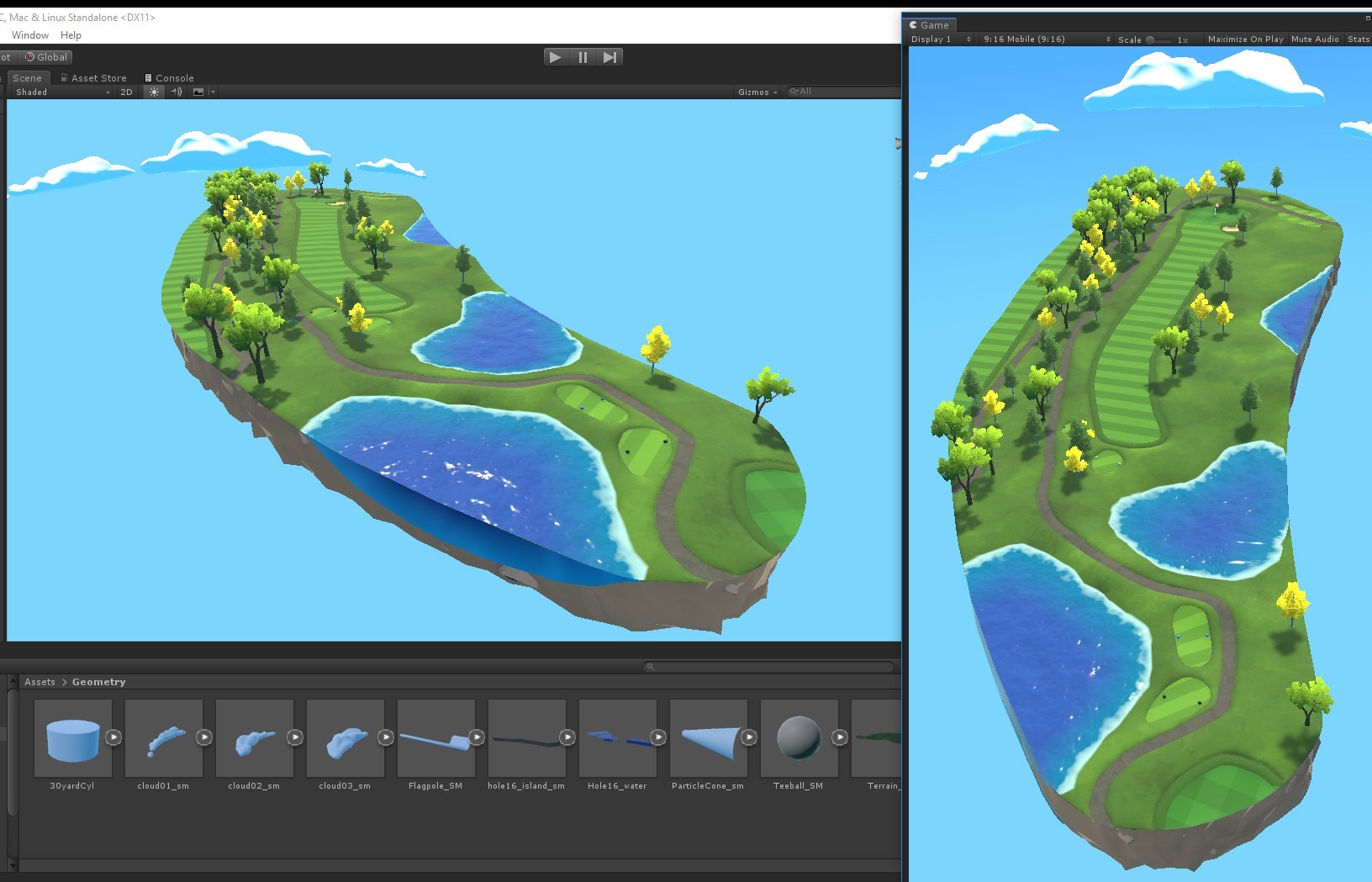 A generated island hole in the Unity editor beside the same hole on a phone.