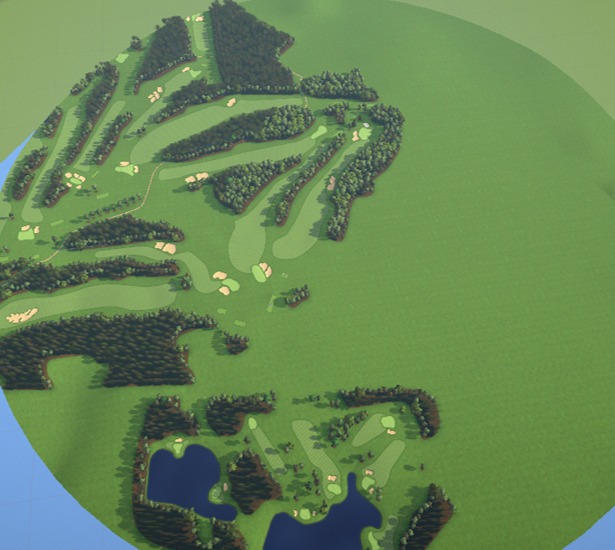 The generated course with trees only in hand-traced areas near the holes.