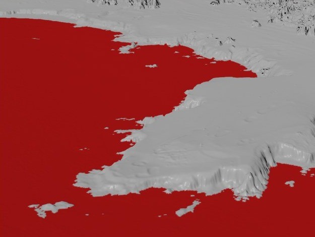 Coastal terrain with the ocean marked in red.