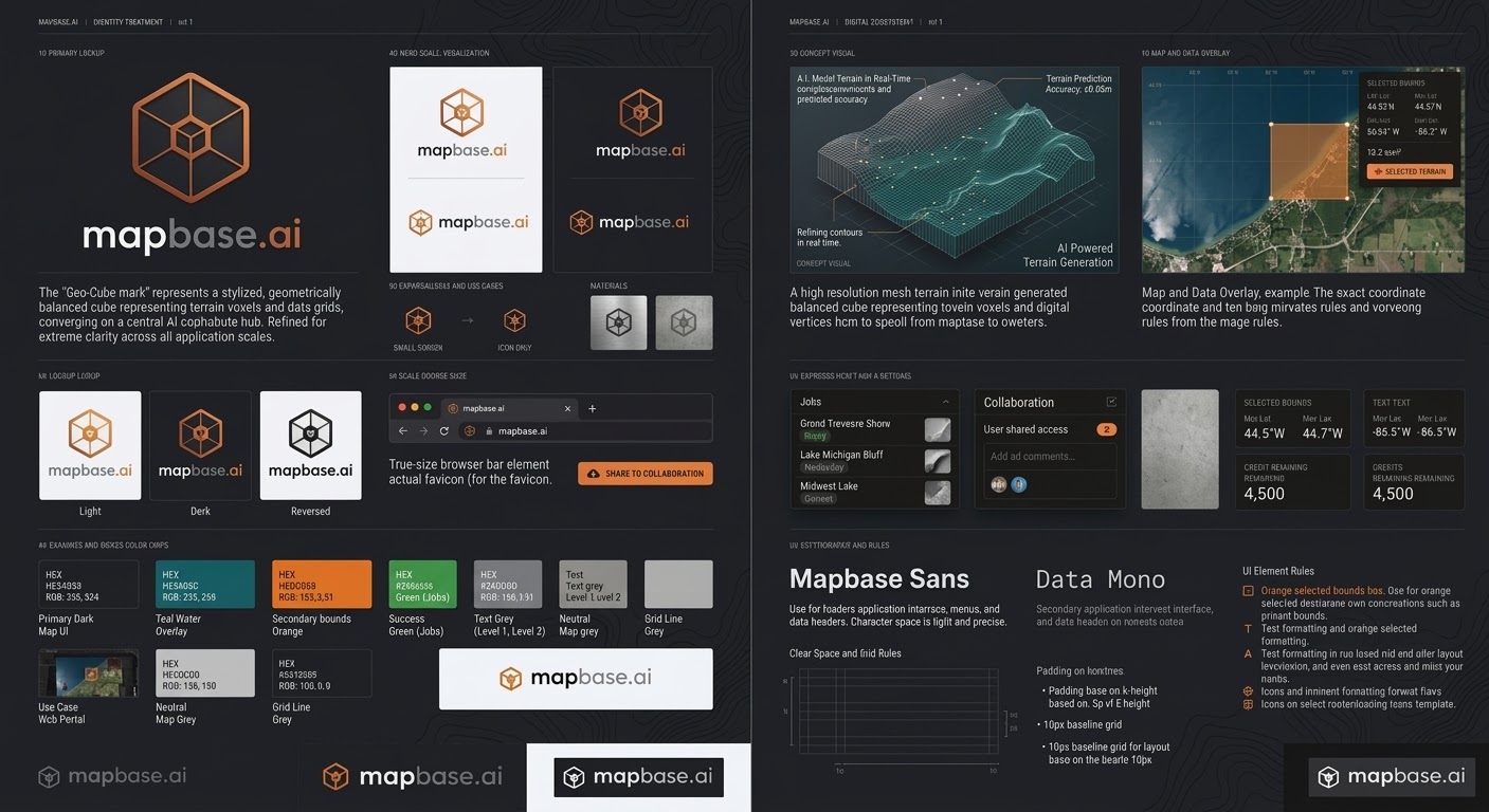 AI-generated Mapbase brand concept board showing a logo mark, colour palette and type direction.