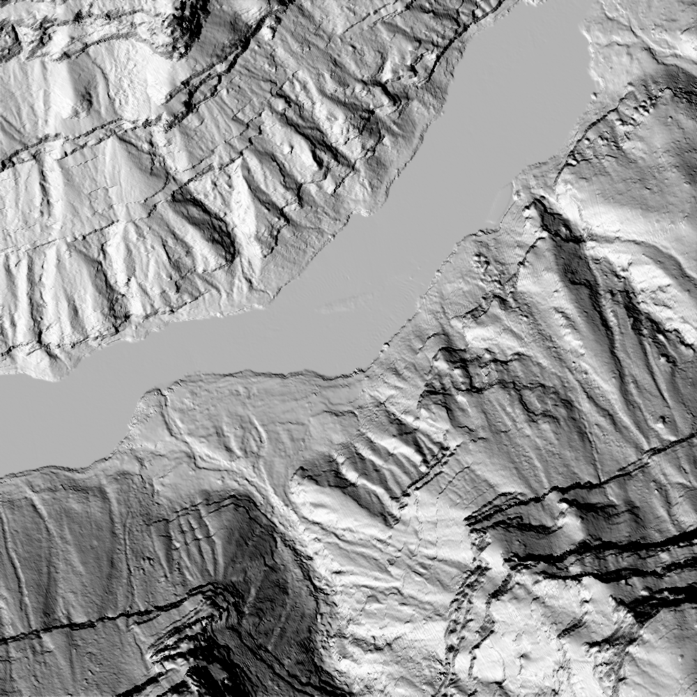 Greyscale hillshade of canyon terrain along a river, with the water filled flat.