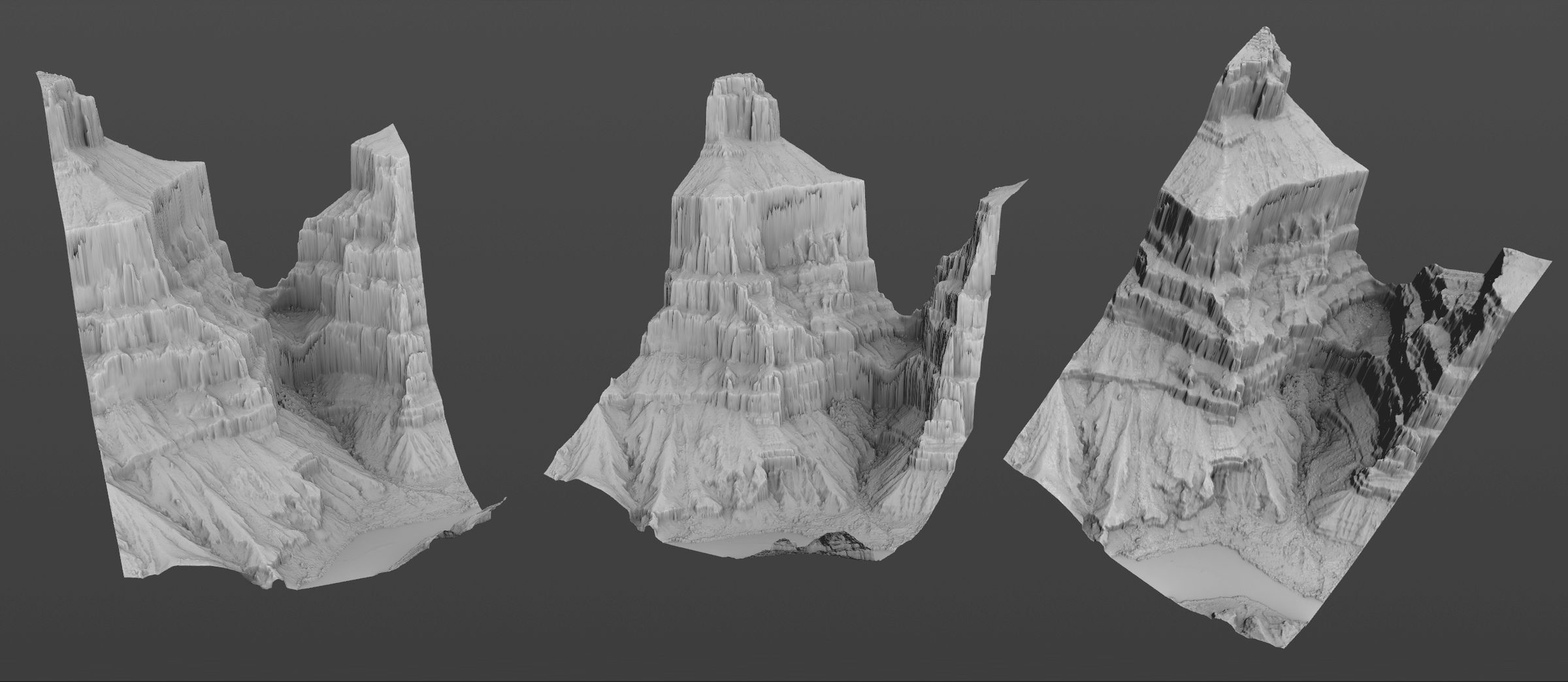 Three views of a Grand Canyon heightfield in Houdini.