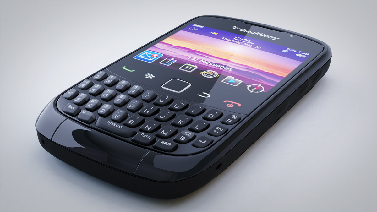 A 3D model of a BlackBerry phone lying at an angle.