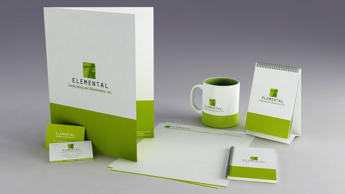 A folder, mug, calendar and stationery in a green and white brand.