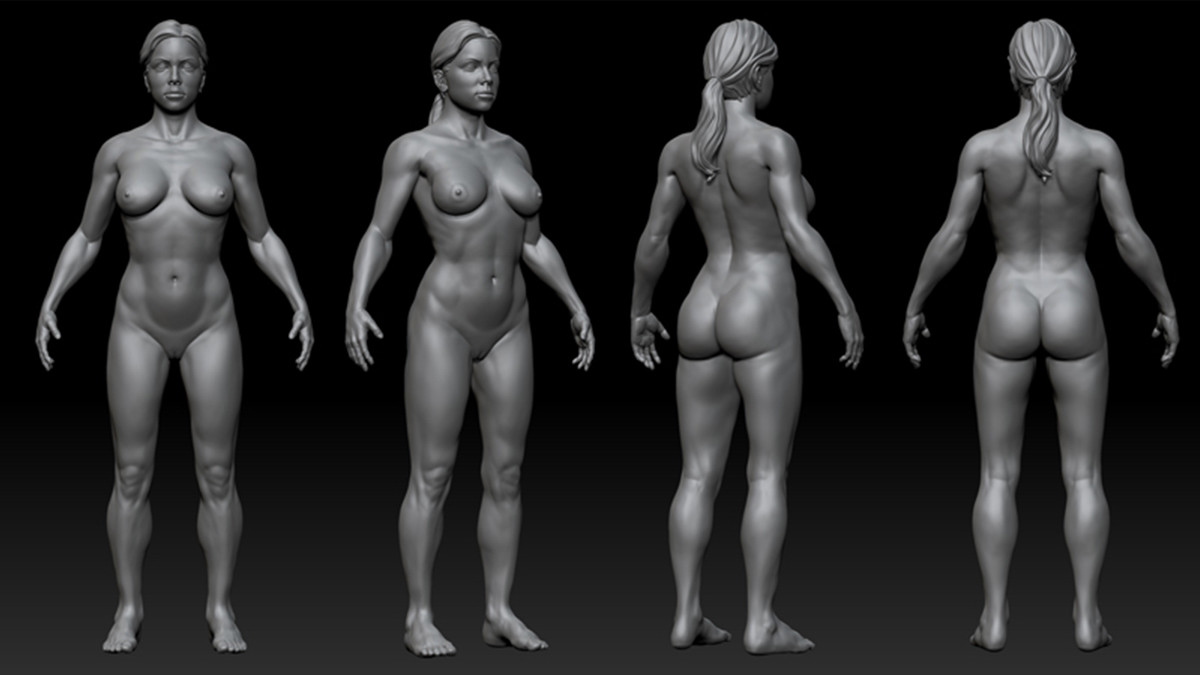 A sculpted female figure shown from four angles.