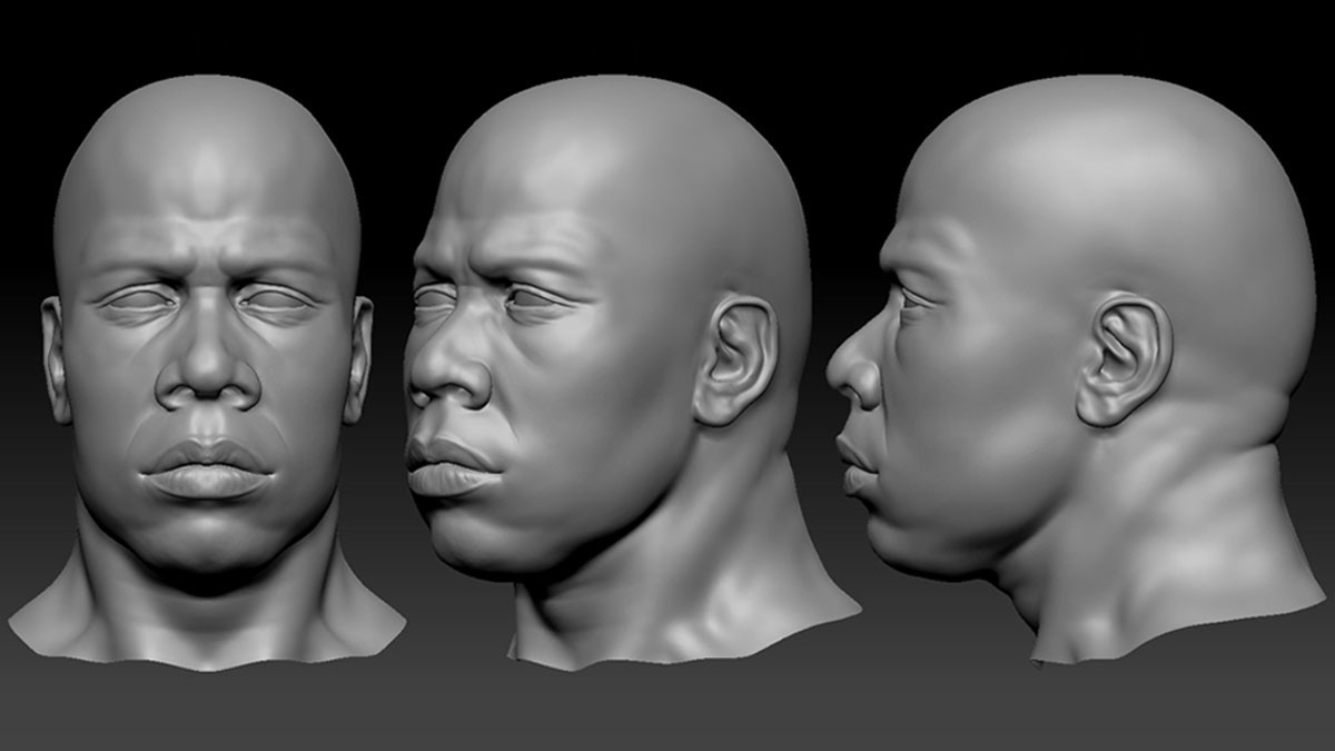 A sculpted bald head shown from the front, three-quarter and side.