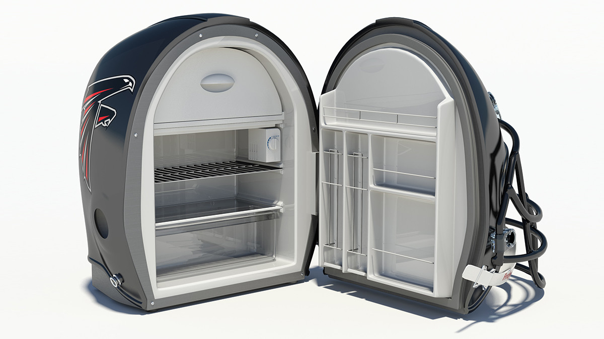 A football helmet opened to show a mini-fridge inside.