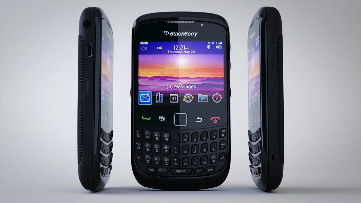 The phone model standing upright, shown from the front and both sides.
