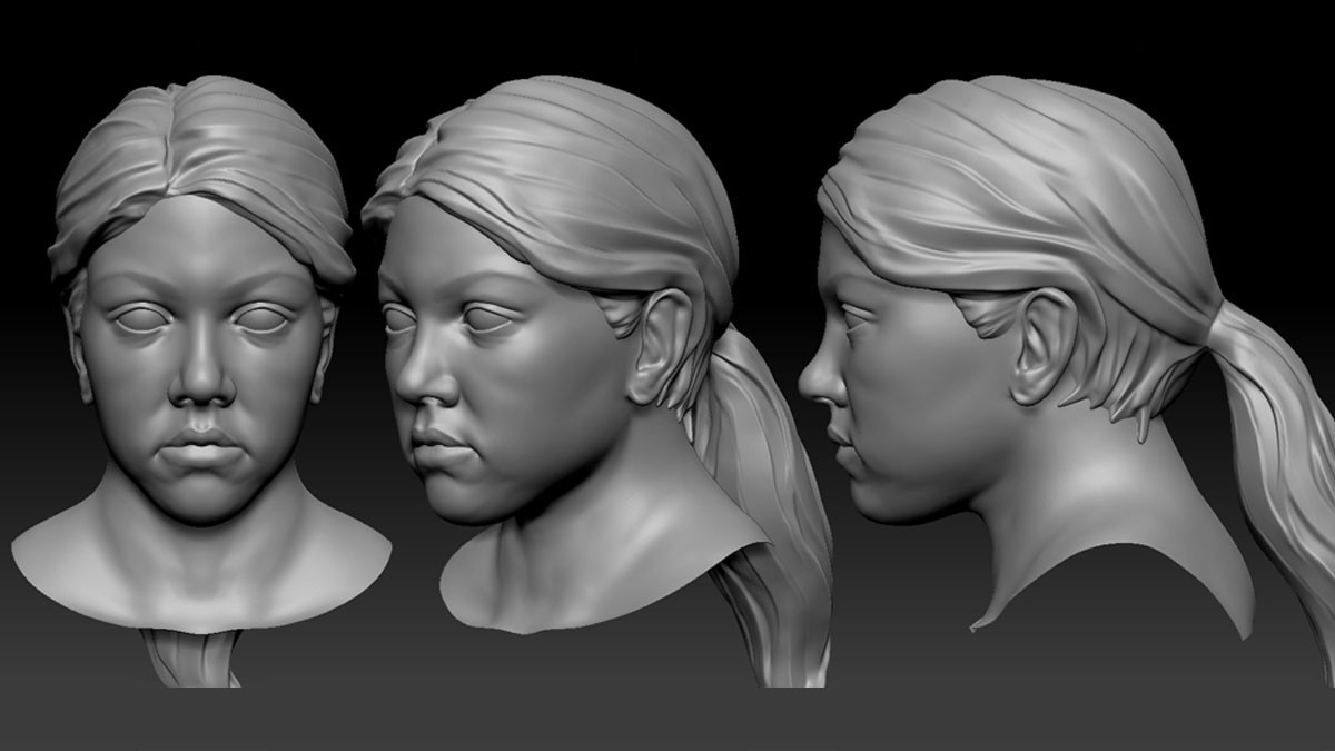 A sculpted head with a ponytail, shown from the front, three-quarter and side.