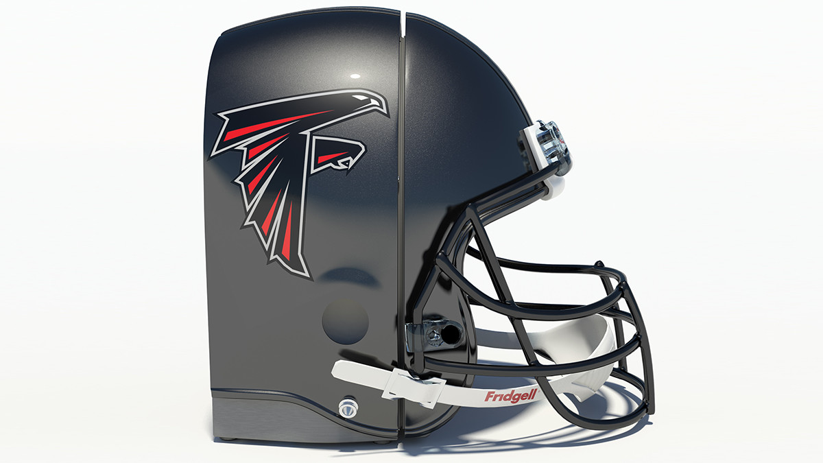 The helmet mini-fridge closed, seen from the side.