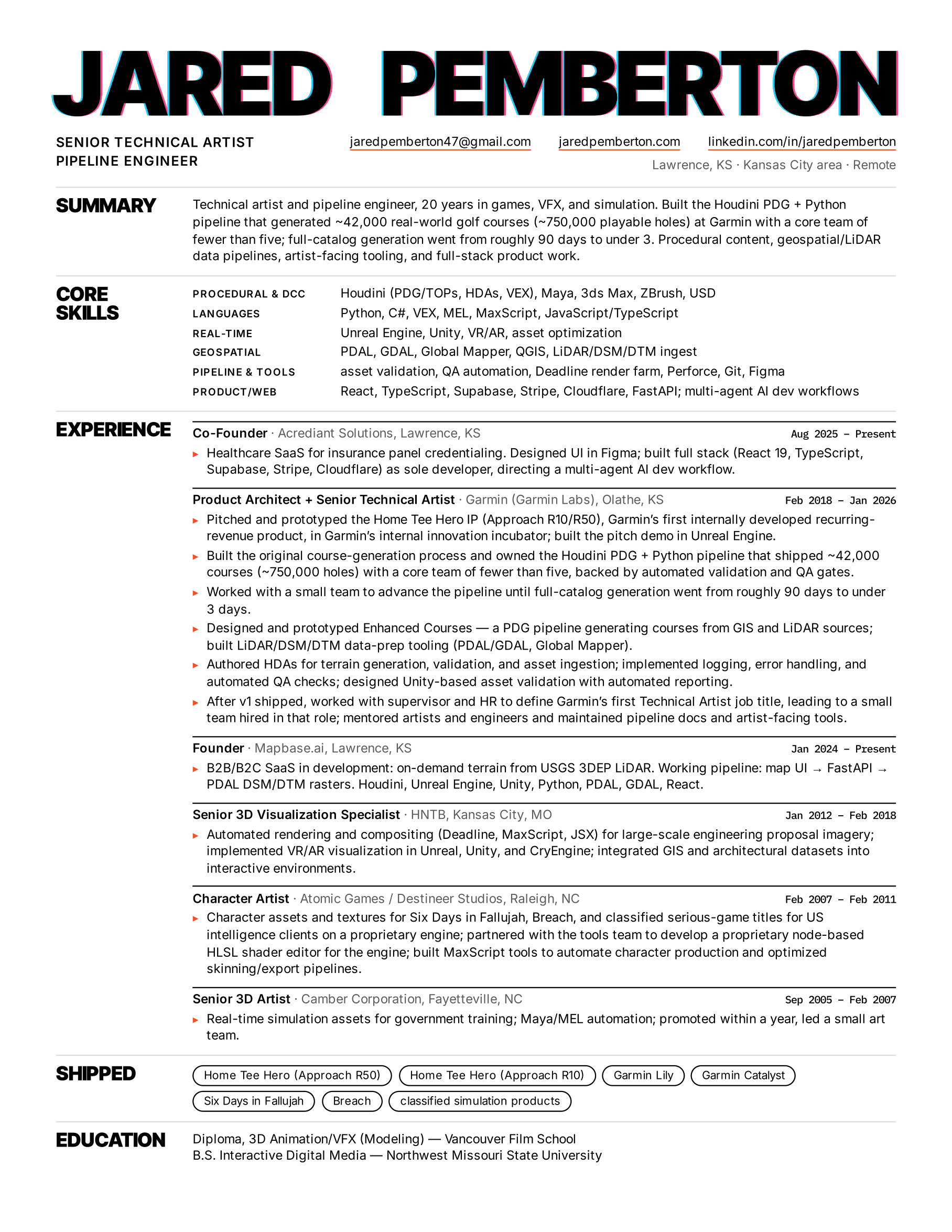 Page one of the Technical Artist / Pipeline resume.