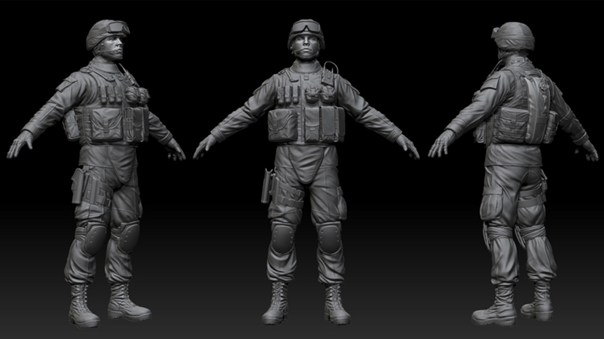 A sculpted Marine in full combat gear, shown from the back, front and side.